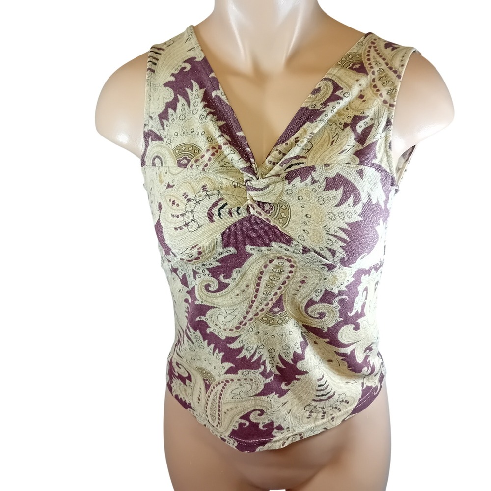 Vintage Y2K My-ing Paisley Floral Tie Front Sleeveless Top Bohemian Work Fit S/M